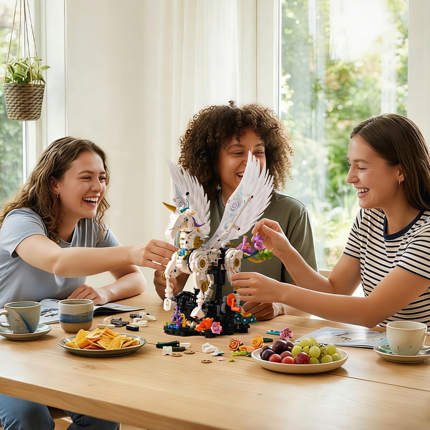 Magical Unicorn Building Blocks Set with Crank‑Handle Motion, Poseable Legs & Wings, Flower Base, Creative STEM Construction Toy for Girls 8-12, Kids & Teens, Unicorn Sets Compatible