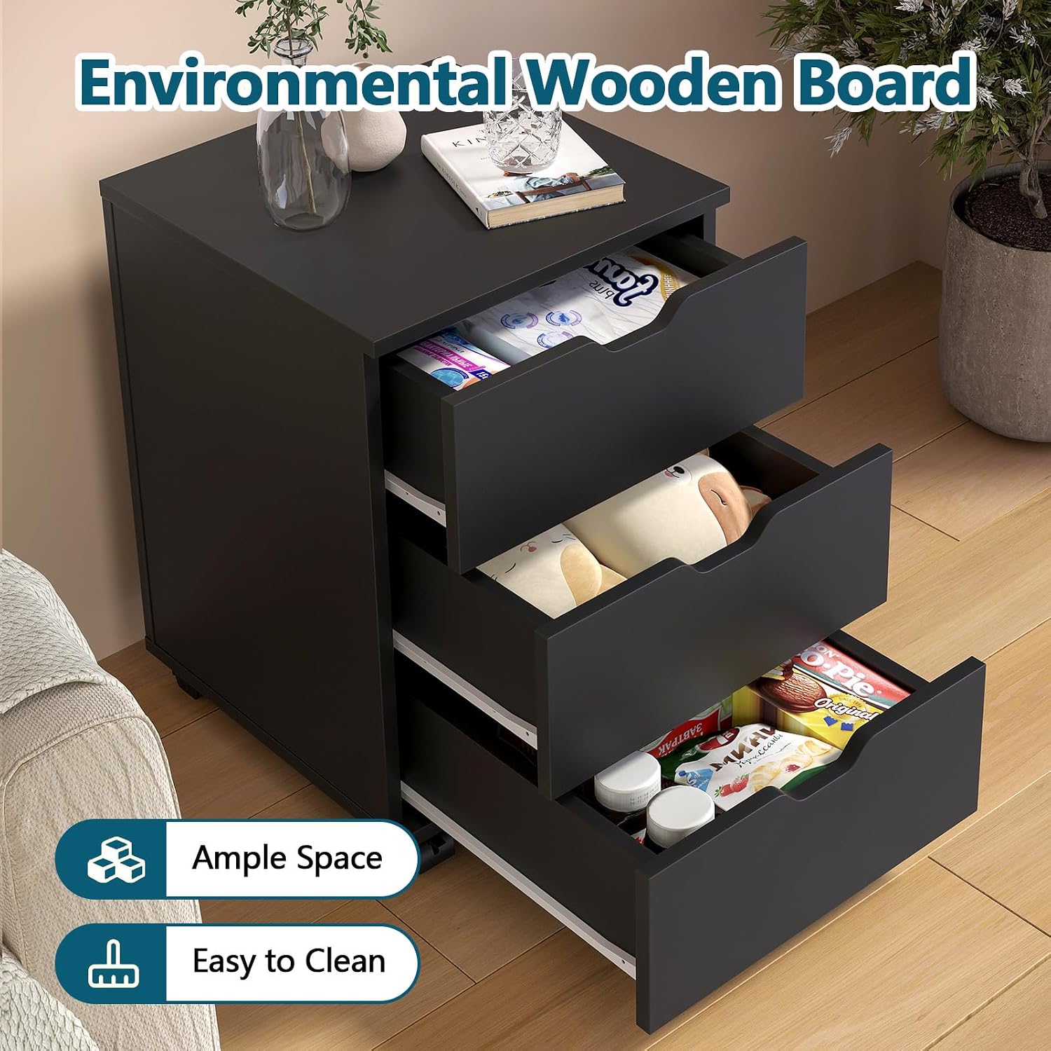 3 Drawer File Cabinet with Wheels, Heavy-Duty Steel Rolling Drawer Cabinet, Under Desk Filing Cabinet for Home Office Storage, 15.74" W x 15.74" D x 22.16" H (Black)