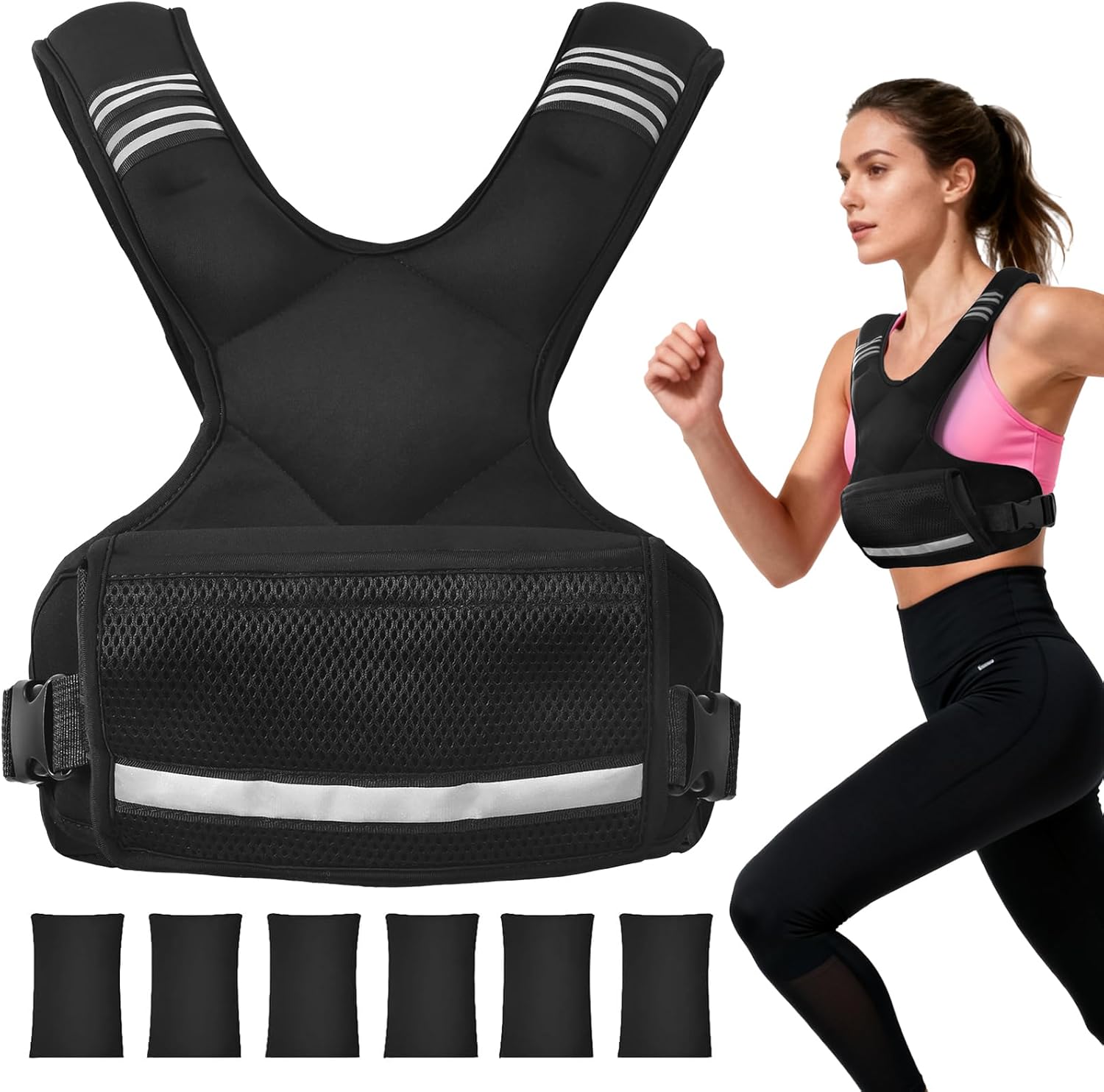 Adjustable Weight Vest for Men & Women, 4-10LBs/11-20LBs with 6 Weight Pags, Pockets & Reflective Strip for Running, Strength Training, Fat Loss & Body Sculpting