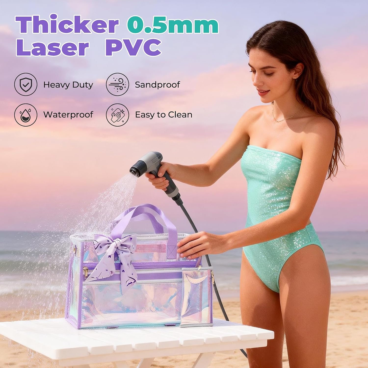 Iridescent Beach Bag for Women, Large Waterproof Sandproof Beach Tote Bag Holographic Clear Tote Purse with Zipper