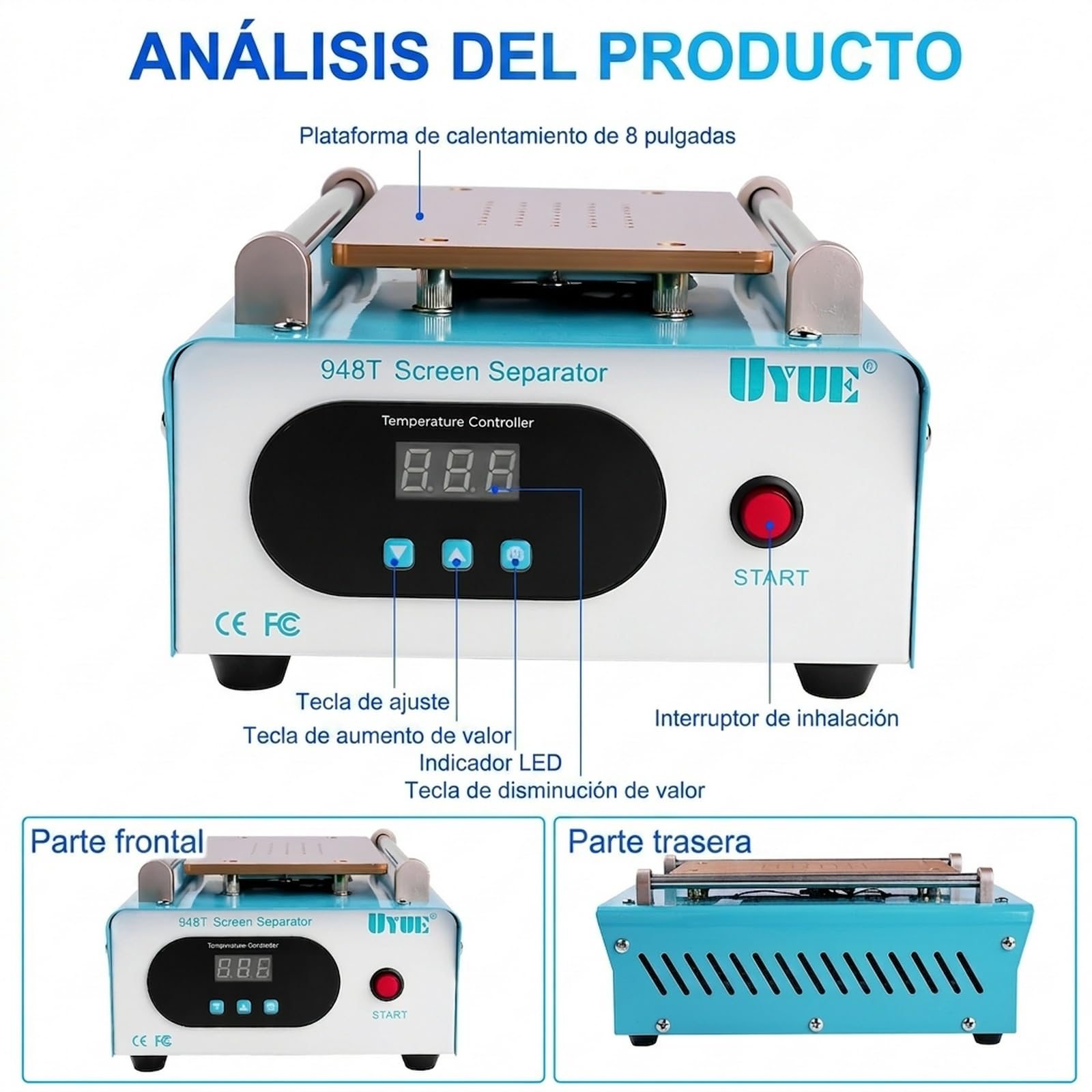 Separador de Pantalla para telefono movil Placa calefactora reparacion Pantalla LCD Separador de Pantalla Caliente Separador de Pantalla con 3 Almohadillas de Silicona Azul UYUE948T AC 220V.