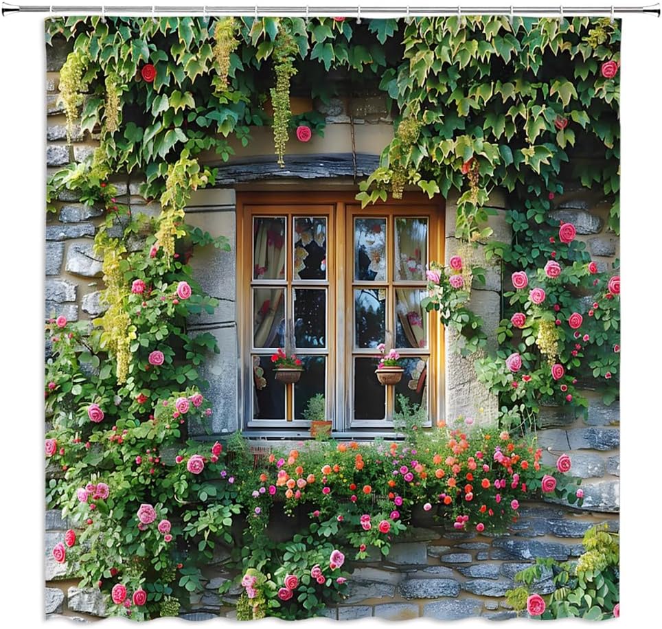 Brick Wall Shower Curtain Vintage Garden Stone Wall Green Plant Flower Leaves European House Window Natural Scene Italian Style Spring Bathroom Decor Curtains Polyester with Hooks