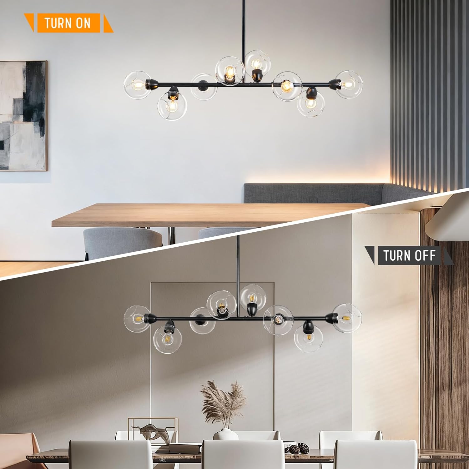 Modern Linear Chandeleir Black Long Chandeliers for Dining Room 50'' 8-Light Globe Island Light Fixture with Clear Glass Mid Century Linear Pendant Light Sputnik Chandeliers