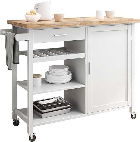 Miniatura 8 de BELLEZE Carrito de cocina moderno con ruedas, con cajón, armario de almacenamiento, toallero con asa, parte superior de madera de goma y ruedas