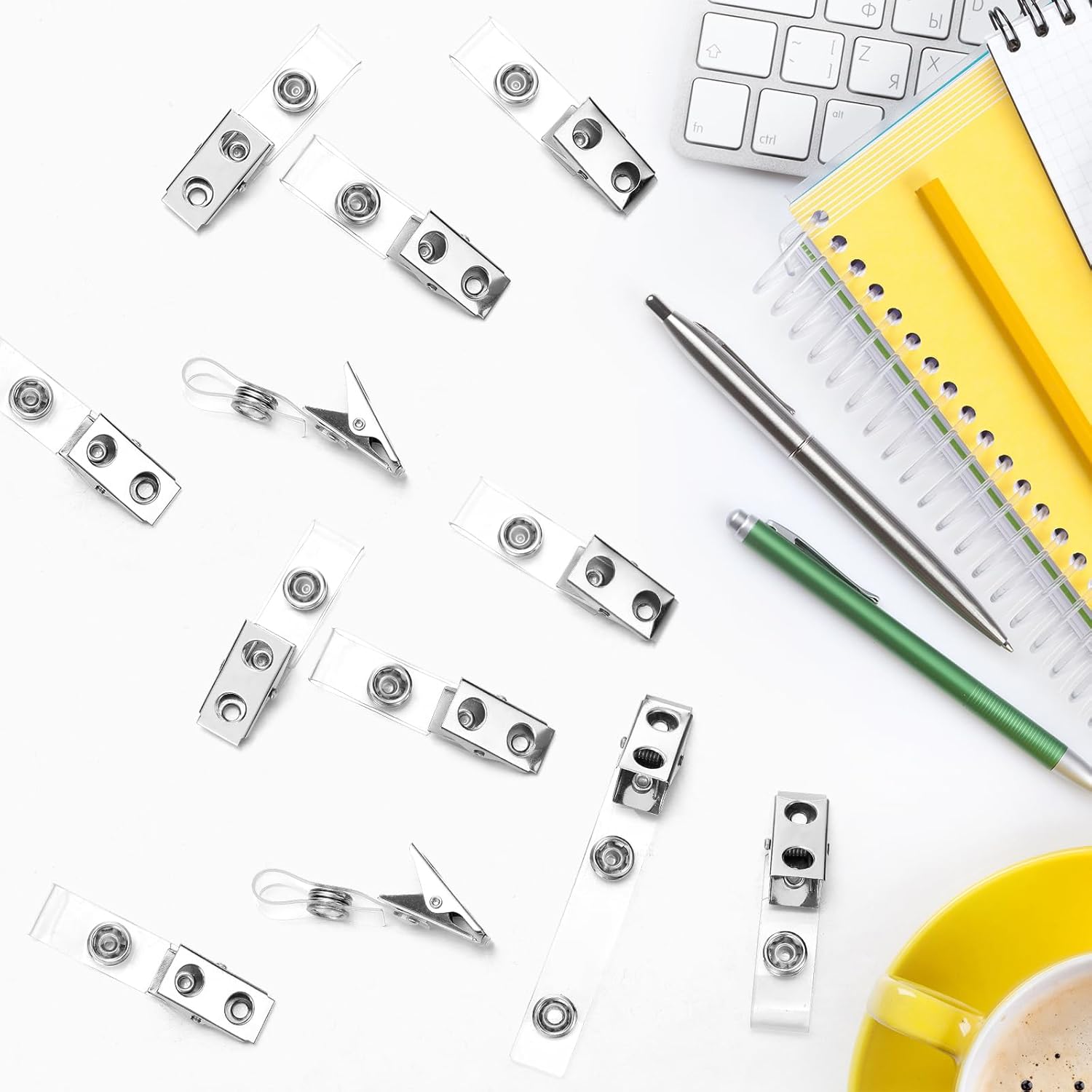 Seajan 600 Pcs Metal Badge Clips Bulk Double Hole Name Tag Clips with Clear PVC Straps Alligator ID Strap Clips for ID Cards Holders Office School Supplies