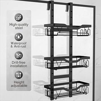 Hanging Shower Caddy, Over Door Shower Shelf, Black