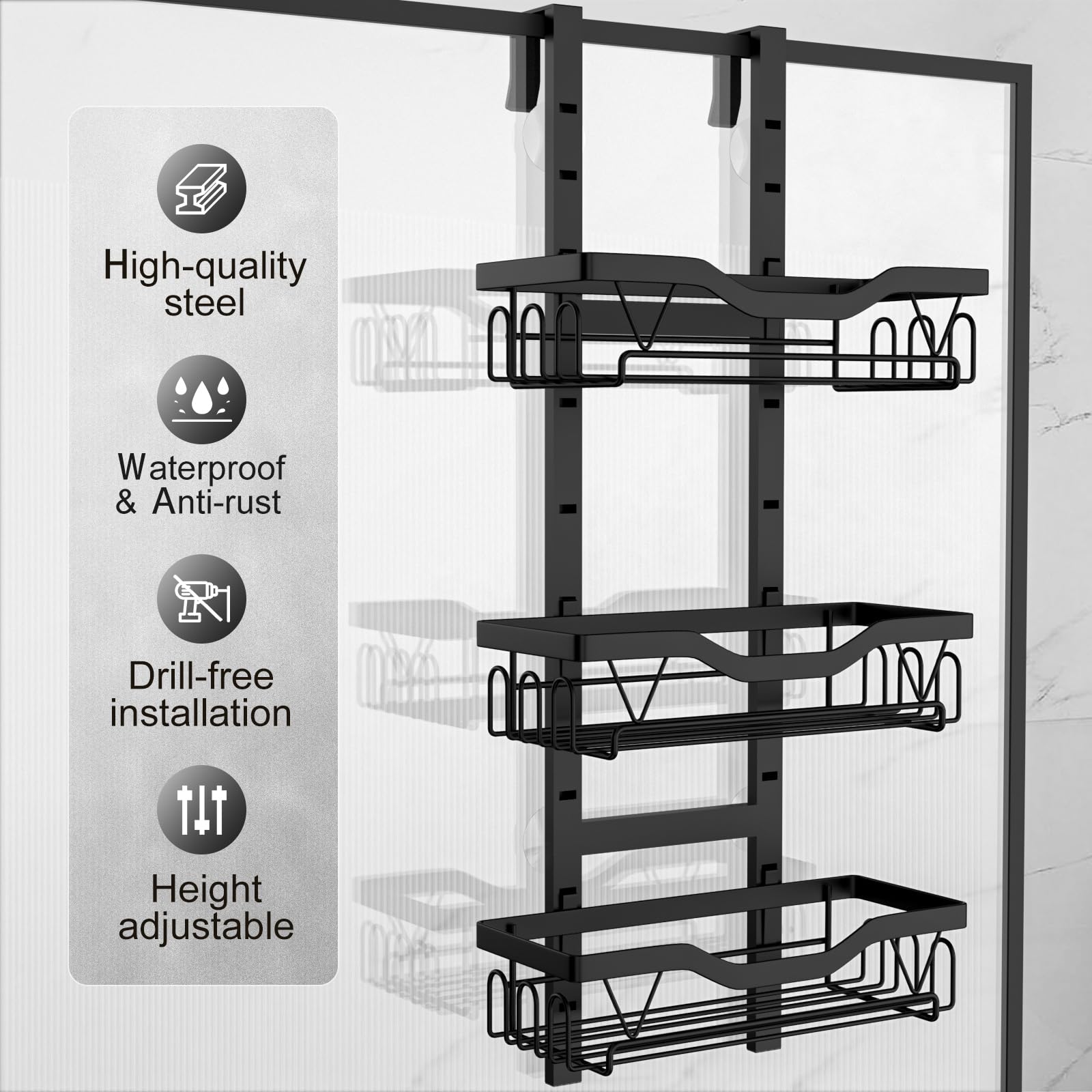 Etagere Douche à Suspendre, Rangement Douche sans Percage aver 3 PCS Réglable Panier à Suspendre pour le Gel et le Shampooing (Noir)