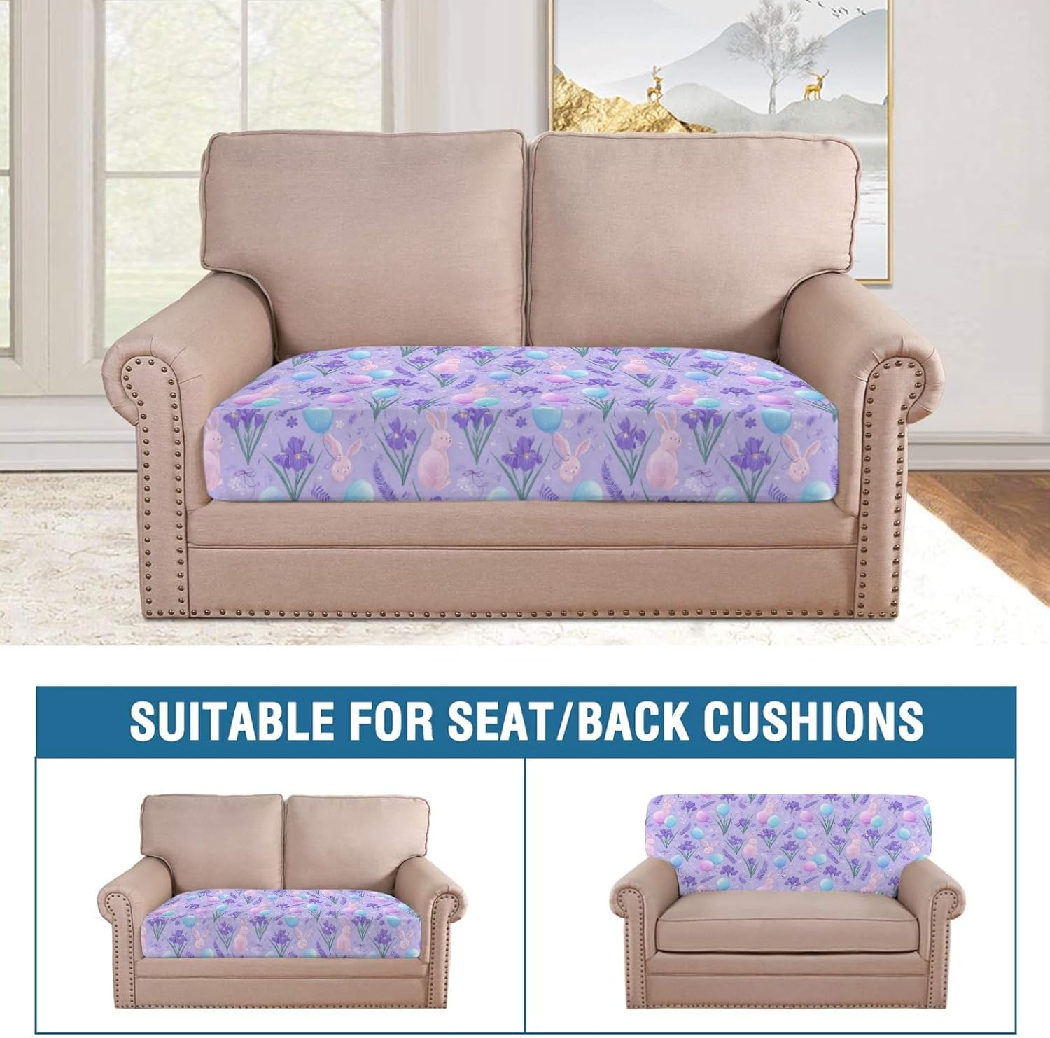 Pastel Bunny Bloom Loveseat Covers Couch Covers for 2 Cushion Couch, 2-Piece Stretch Sofa Slipcovers Anti-Slip Washable Furniture Protectors for Dogs Pets