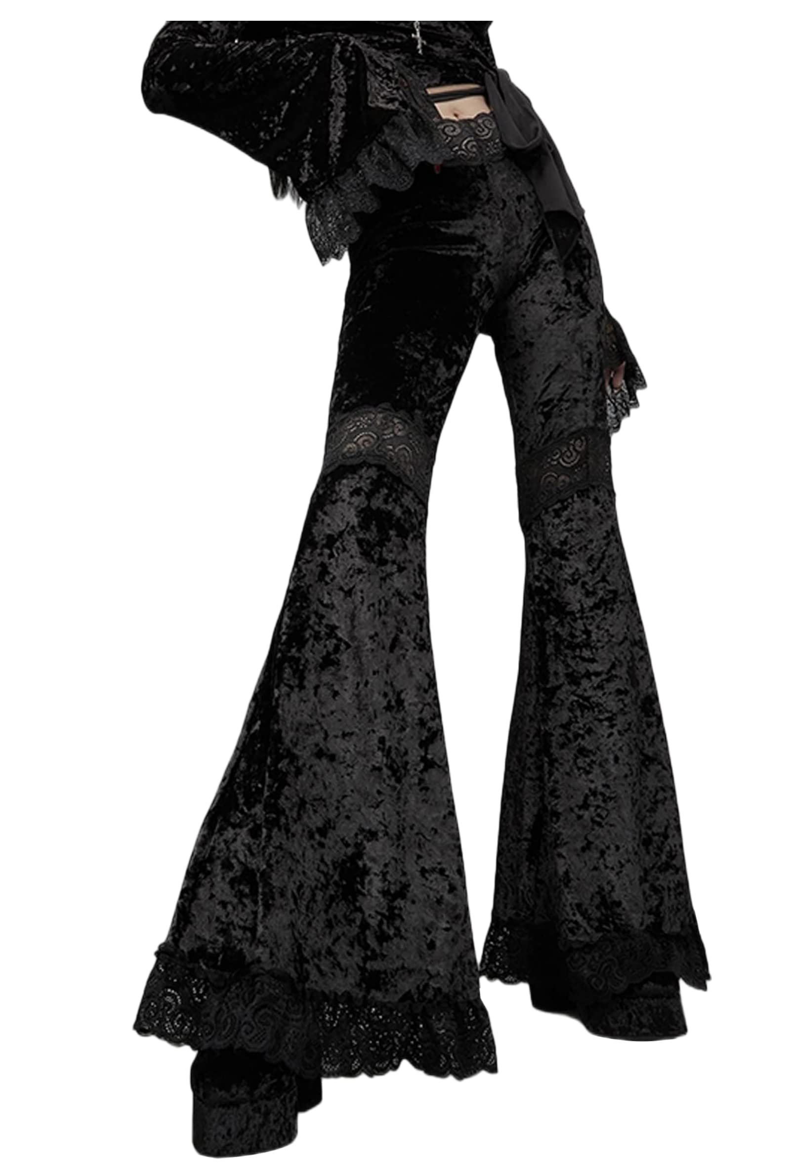 FEOYA Gothic Black Lace Flare Pants for Women Elastic Waist Victorian Bell Bottoms Mesh Punk Disco Pant