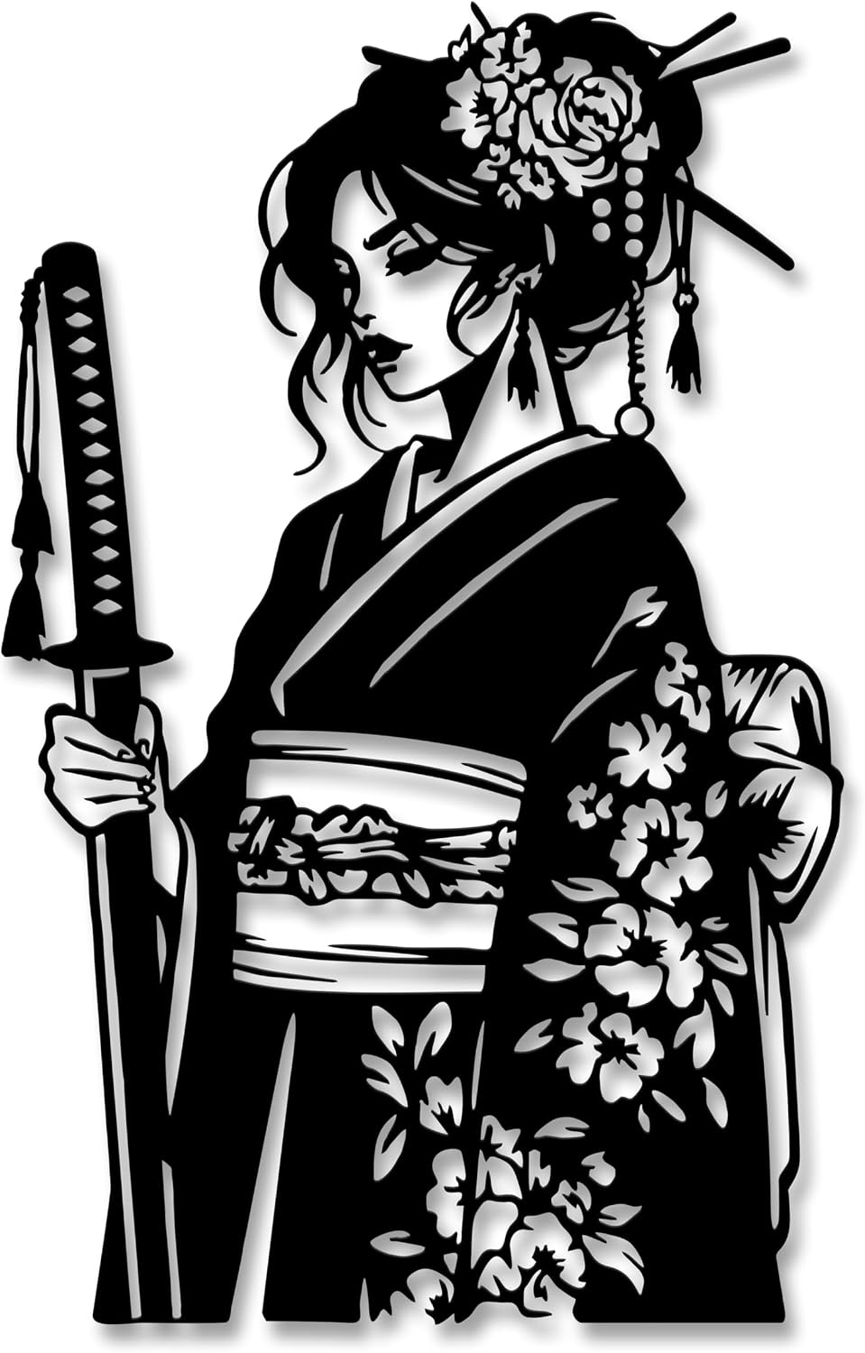 JEWLOVE Serene Samurai Metal Wall Art - Female Warrior with Katana