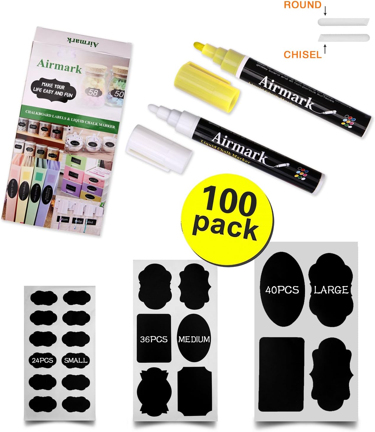 Airmark 100 Pcs Reusable Chalkboard Labels + 2 White & Yellow Erasable Liquid Chalk Marker