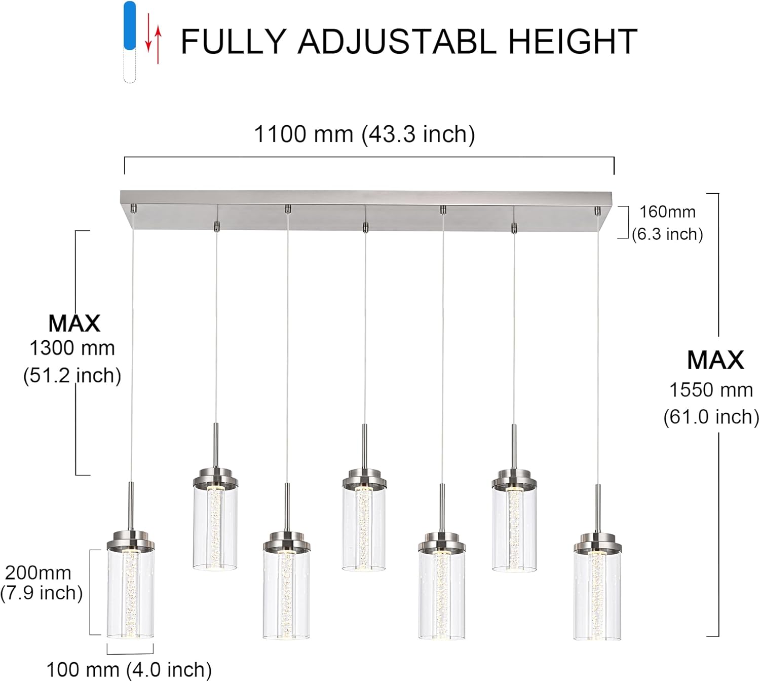 MELUCEE 43.3" Linear Chandelier for Dining Room Modern Led Pendant Light Fixtures 3000K-6000K Adjustable Color Temperature Dimmable Island Lights for Kitchen Living Room Office Bar, 35W