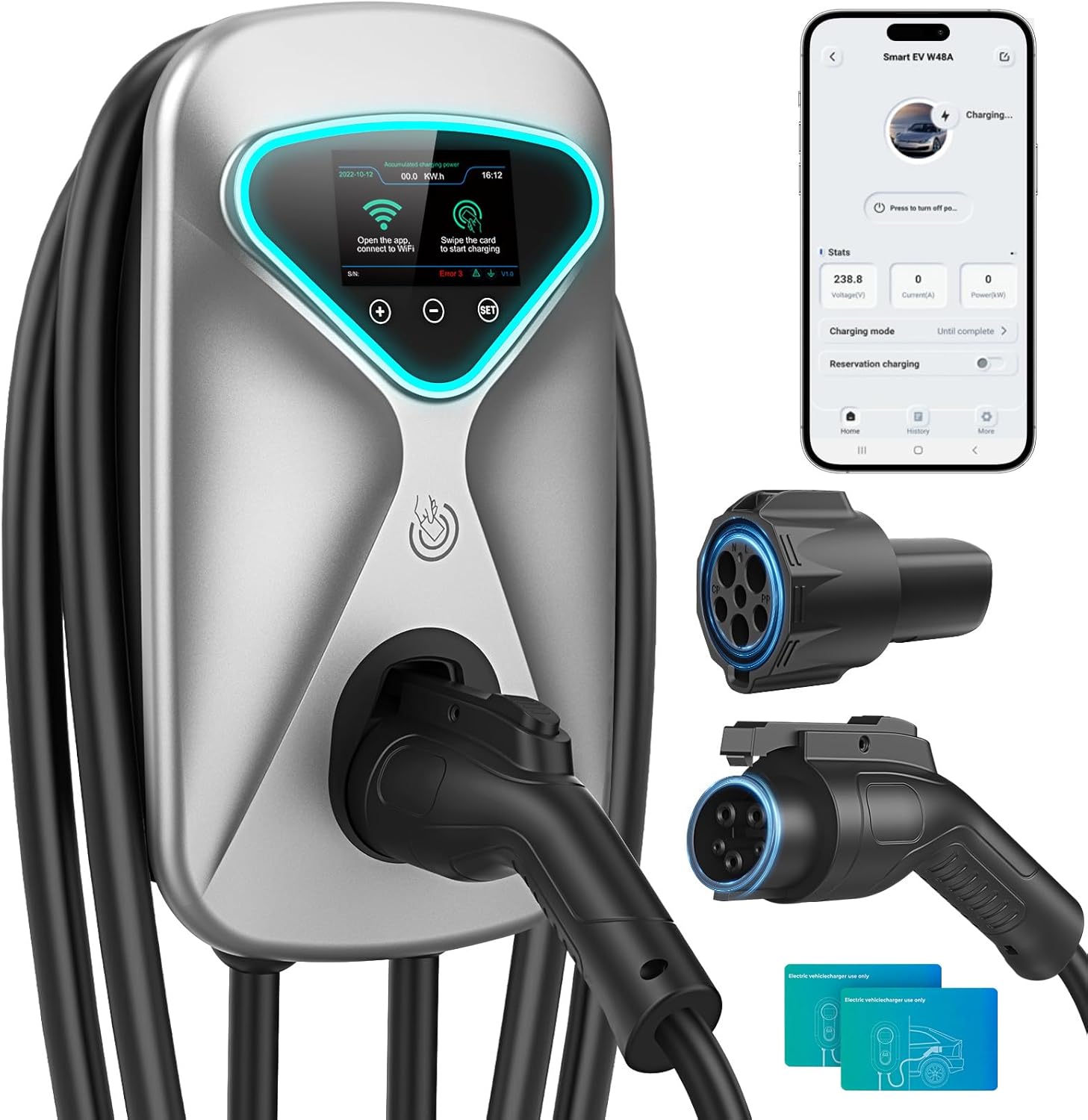 Level 2 EV Charger 50 Amp Hardwired, 48 Miles Range/Hour Smart Electric Vehicle Charging Station with WiFi App, 25ft Cable, RFID & LCD Display, J1772 & Tesla Adapter, 120V Indoor/Outdoor(Silver)