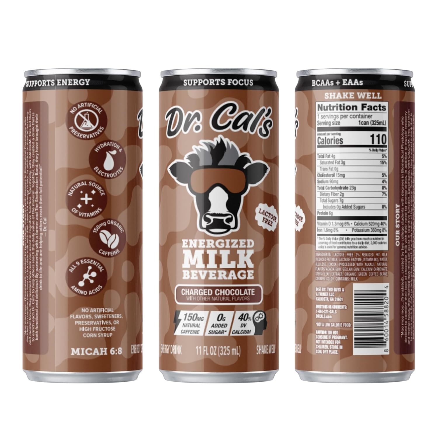 Dr. Cal’s Energized Milk Beverage – Chocolate Milk Energy Drink with 150mg Natural Caffeine – 0g Added Sugar – Lactose Free – 12 Pack