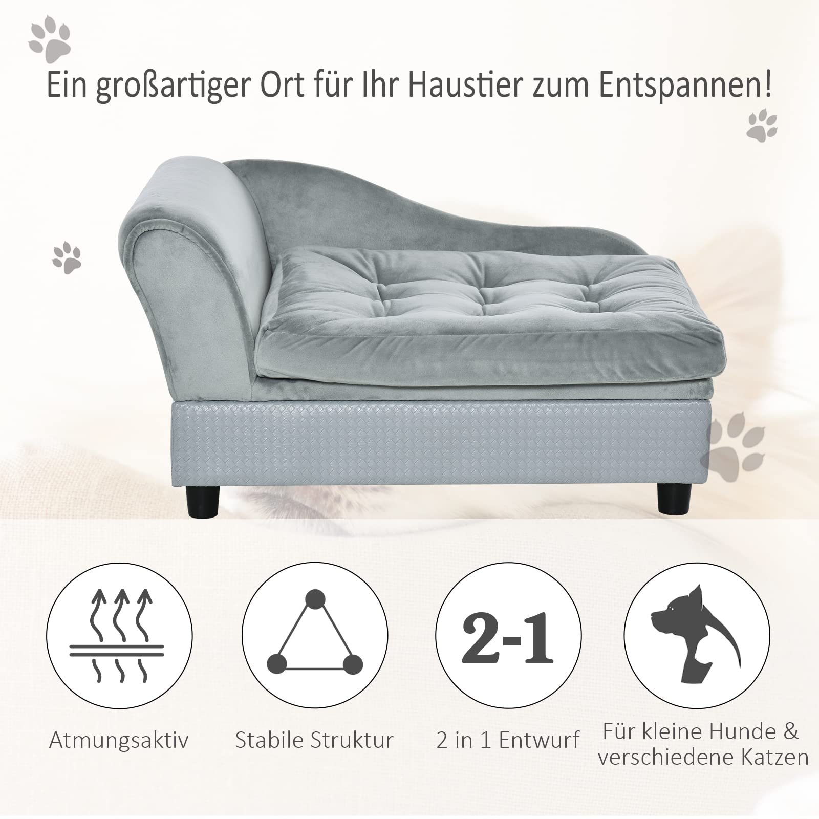 PawHut Hundesofa Hundebett Hundecouch aus Plüsch mit Lagerraum, Rückenlehne, Kissen Katzensofa für kleine Hunde 76 x 45 x 43 cm Hellgrau