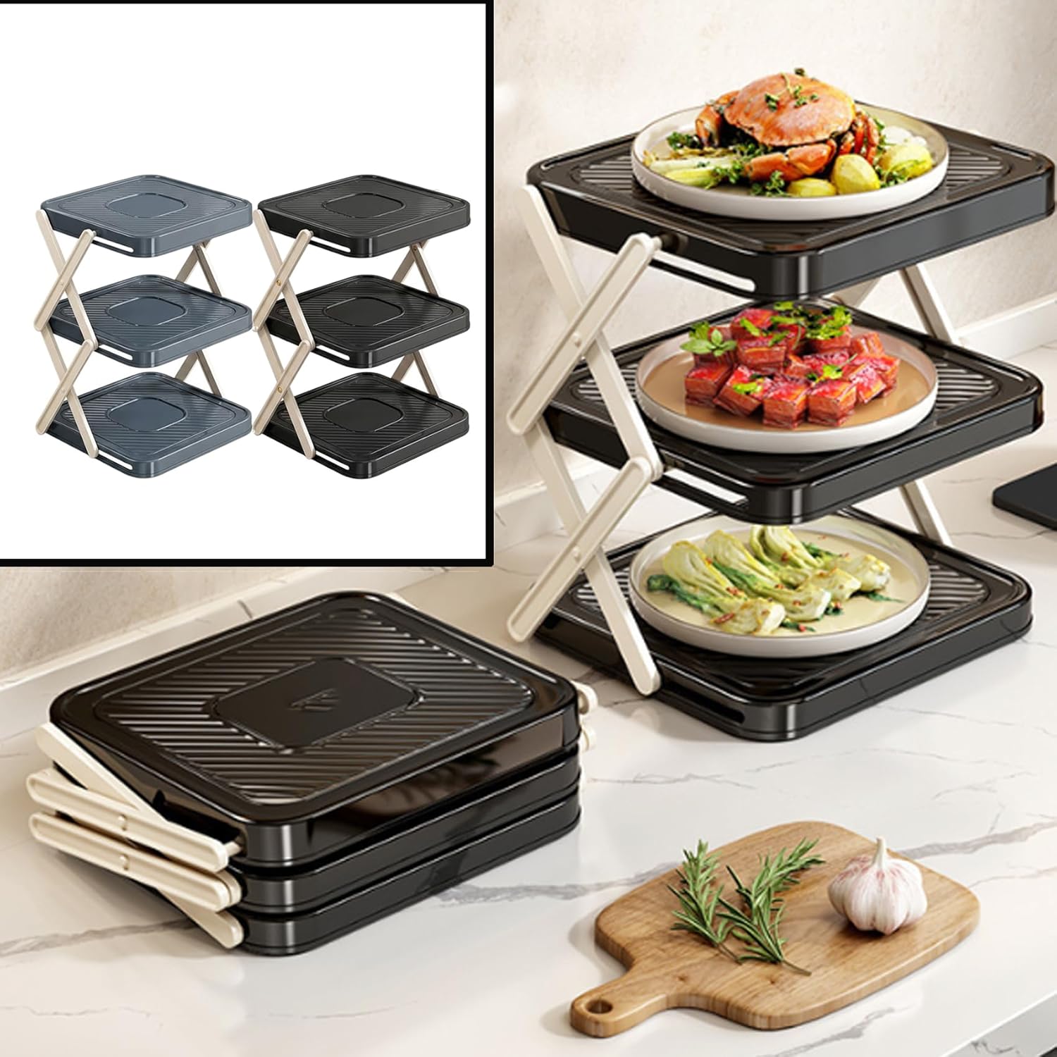 Multi-Layer Dish & Prep Tray Storage Rack, 3-Tier Foldable Vertical Plate Rack for Partie, Picnic, 2026 New Kitchen Prep Rack, Easy to Clean & Space-Saving (2pcsA)