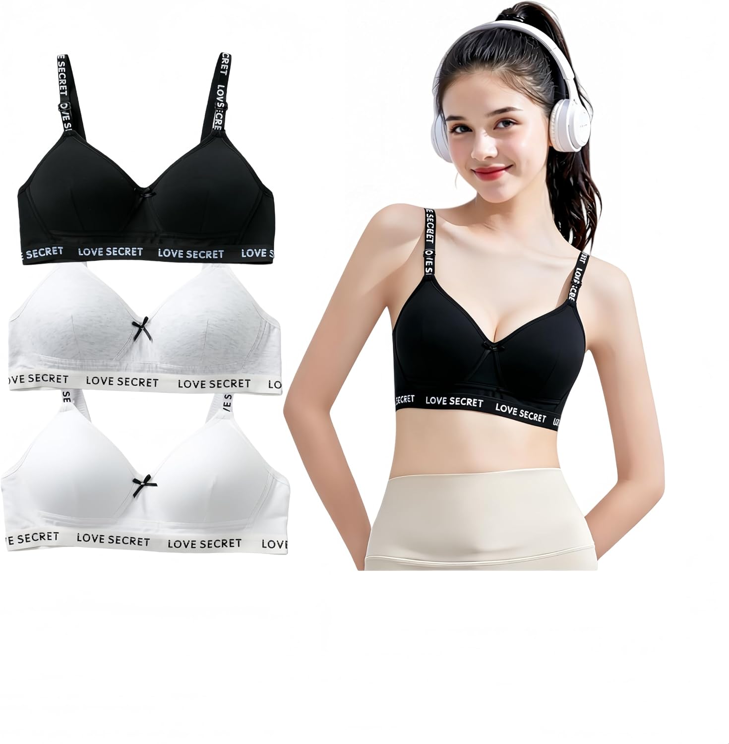3 Pack Teen Girls Cotton Underwear, Soft Breathable Wire Free Training Bralette Sports Bra for 10-18 Years