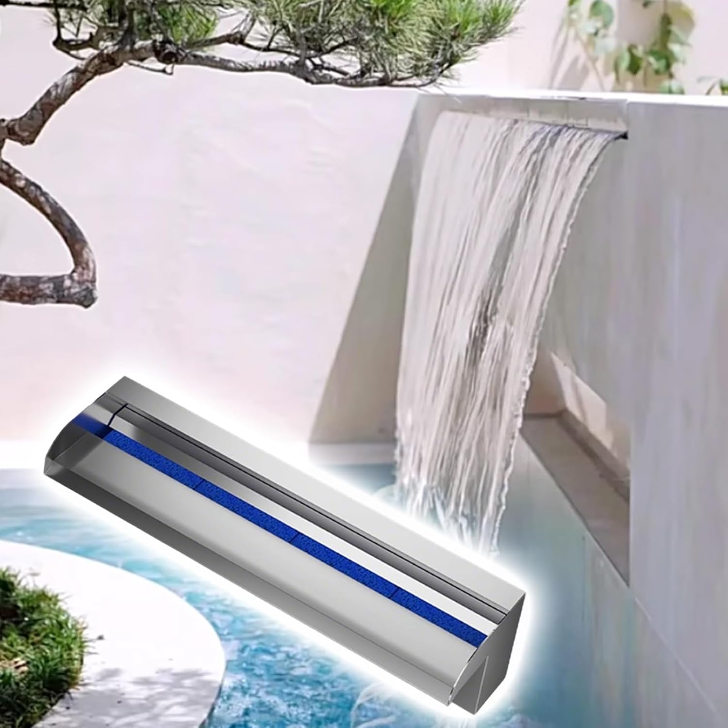 Stainless Steel Pool Waterfall Spillway 70in/178cm - Elegant Pond Fountain with Filter Cotton, Outdoor Water Feature for Backyard Decor, Durable Silver Design