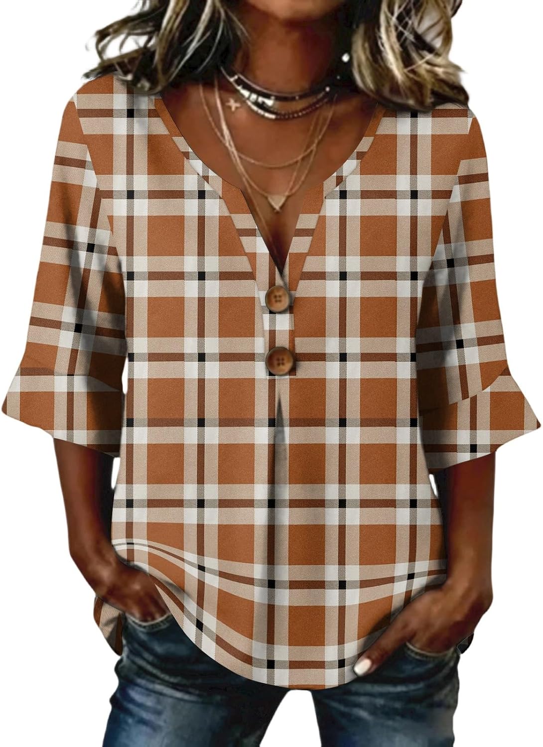 3/4 Sleeve Tops for Women Summer Trendy Button Down Henley Shirts Casual V Neck Three Quarter Sleeve Graphic Blouses