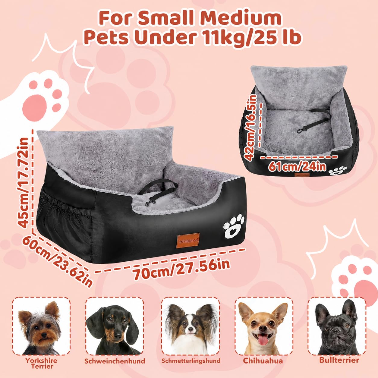 Hunde Autositz, 70x60x45cm, 2 Ansteckbare, Verstellbare Sicherheitsleinen, Auto-Hundebett für kleine Hunde, komplett Abnehmbarer und Waschbarer Autositz für Haustiere mit 2 Aufbewahrungs