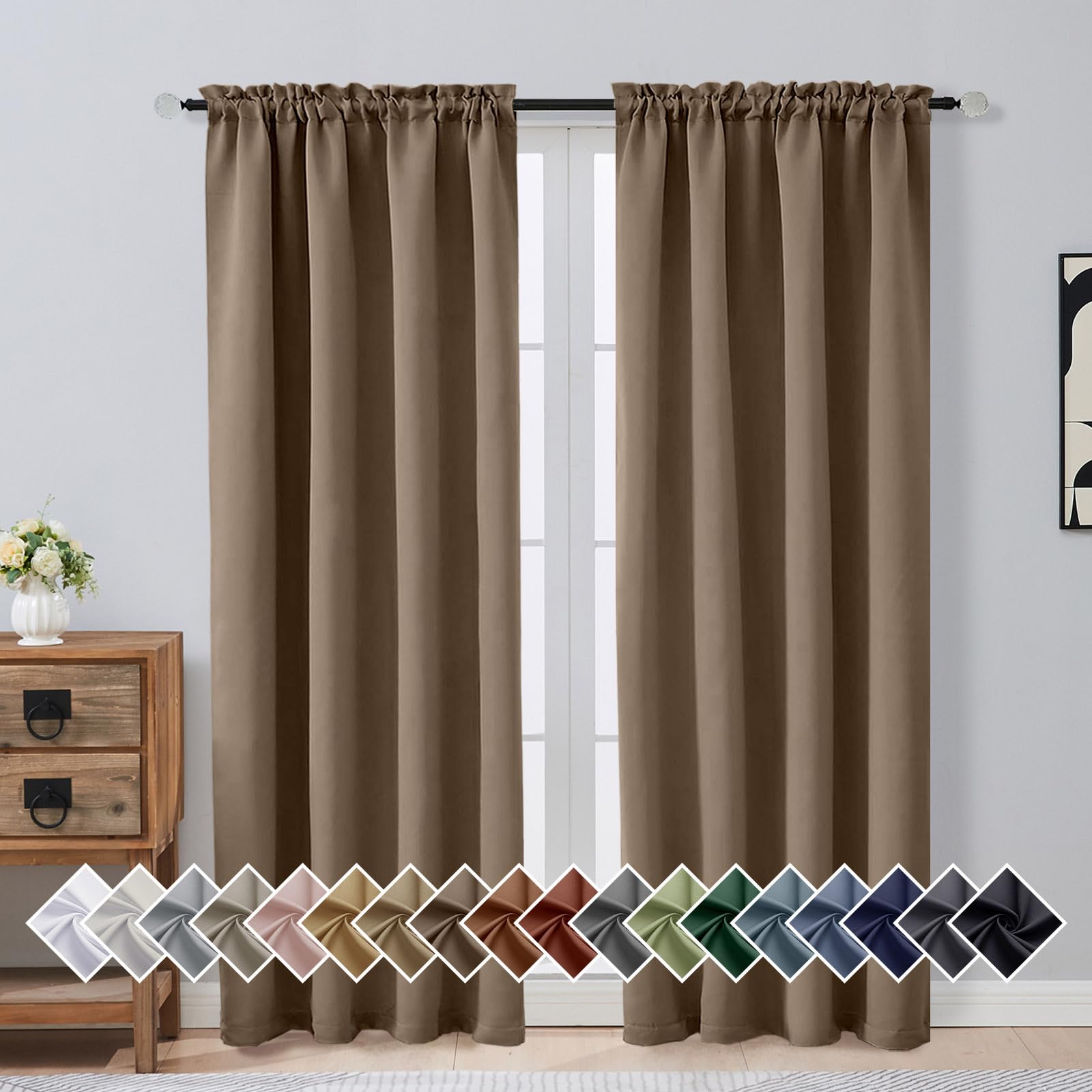 OVZME Brown Blackout Curtains for Bedroom 72 Inch Length 2 Panels Set, Solid Thermal Insulated Energy Saving Window Curtains for Living Room, Dual Rod Pocket Window Drapes, Brown, 2x40Wx72L Inches
