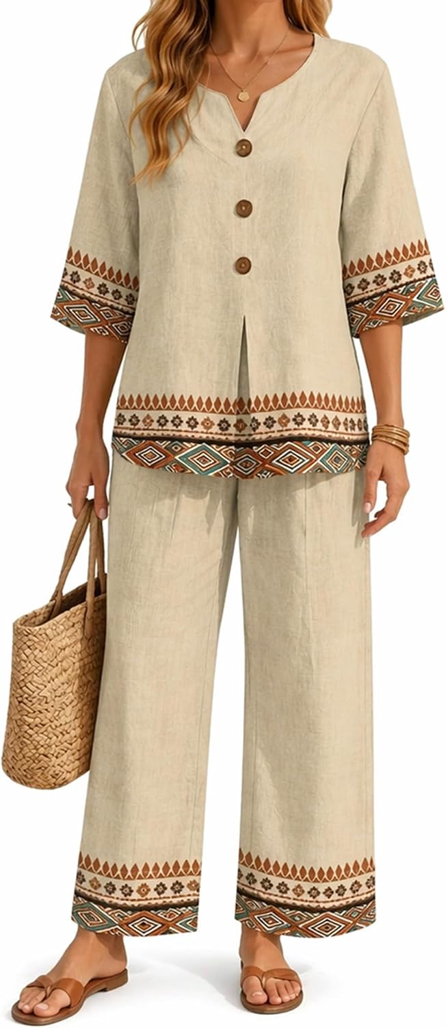 2 Piece Sets for Women Summer Spring Outfits Lounge Sets V-Neck 3/4 Sleeve Set Resort Wear Travel Fashion Matching