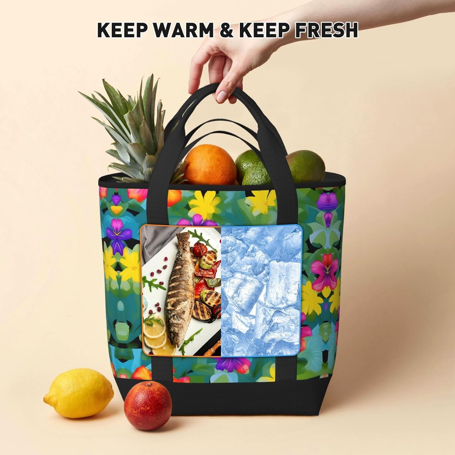 Hawaiian Colorful Flower Print Large Cooler Bag Tote Bag,Reusable Grocery Bag,Lunch Box Bag, For Picnic Beach Camping