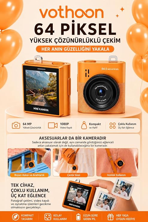 Mini Dijital Kamera 64MP 16x Digital Zoom Retro Vintage 1.4Ekranlı Video Kamera Taşınabilir Tasarım Turuncu
