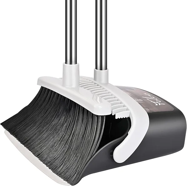 Folews Broom and Dustpan Set, Heavy Duty Dust Pan with Long Handle 51 Inch Broom with Dustpan Combo Set Upright Self-Cleaning Dust Pan Home Kitchen Lobby Indoor Outdoor Sweeping Cleaning Tool - Gray