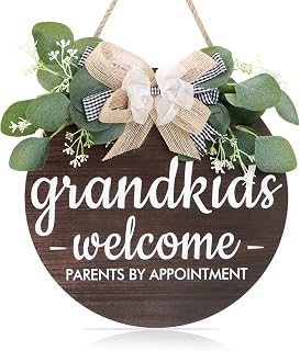 IARTTOP 12x12 Inch Grand Kids Welcome Grandparents by Appointment Family Wooden Plaque Round Wood Hanging Sign with Ribbon Bow and Artificial Green Leaves for Family Outdoor Indoor Wall Decoration