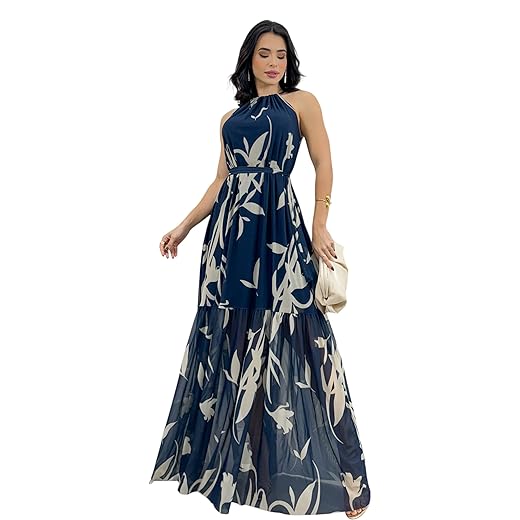 Vestido Longo em tule forrado, decote Halter (gola alta), alças/sem mangas, silhueta fluida, faixa na cintura