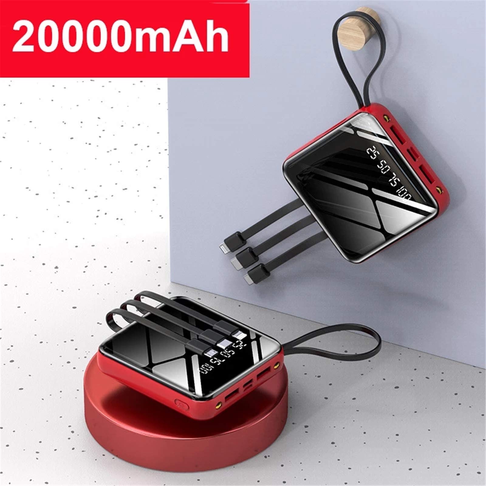 Mini Power Bank, 20000Mah Specchio Schermo LED Display Poverbank Caricabatteria Esterna Portatile Powerbank,Rosso