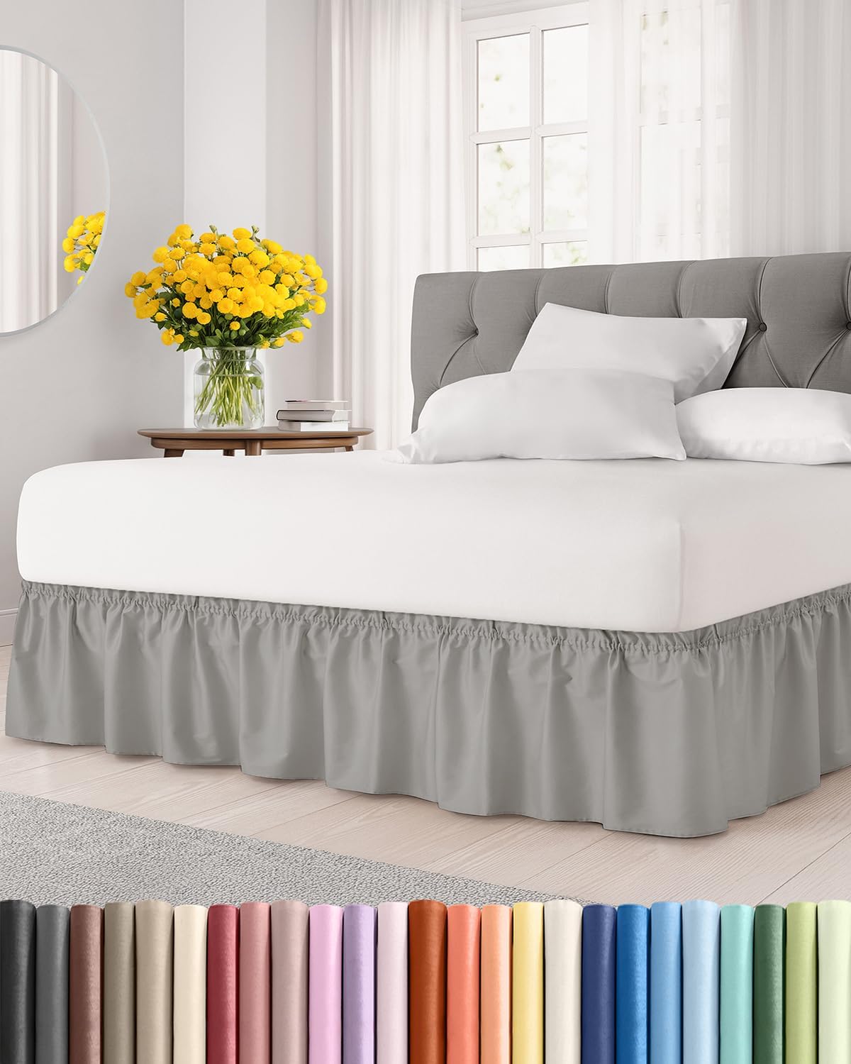 Wrap Around Dust Ruffle Bed Skirt - Light Grey - for Full Size Beds with 12 Inch Drop - Elastic Strap - Adjustable Pleated Bedskirt with Brushed Fabric and Wrinkle Free - for Women, Men, Kids & Teens