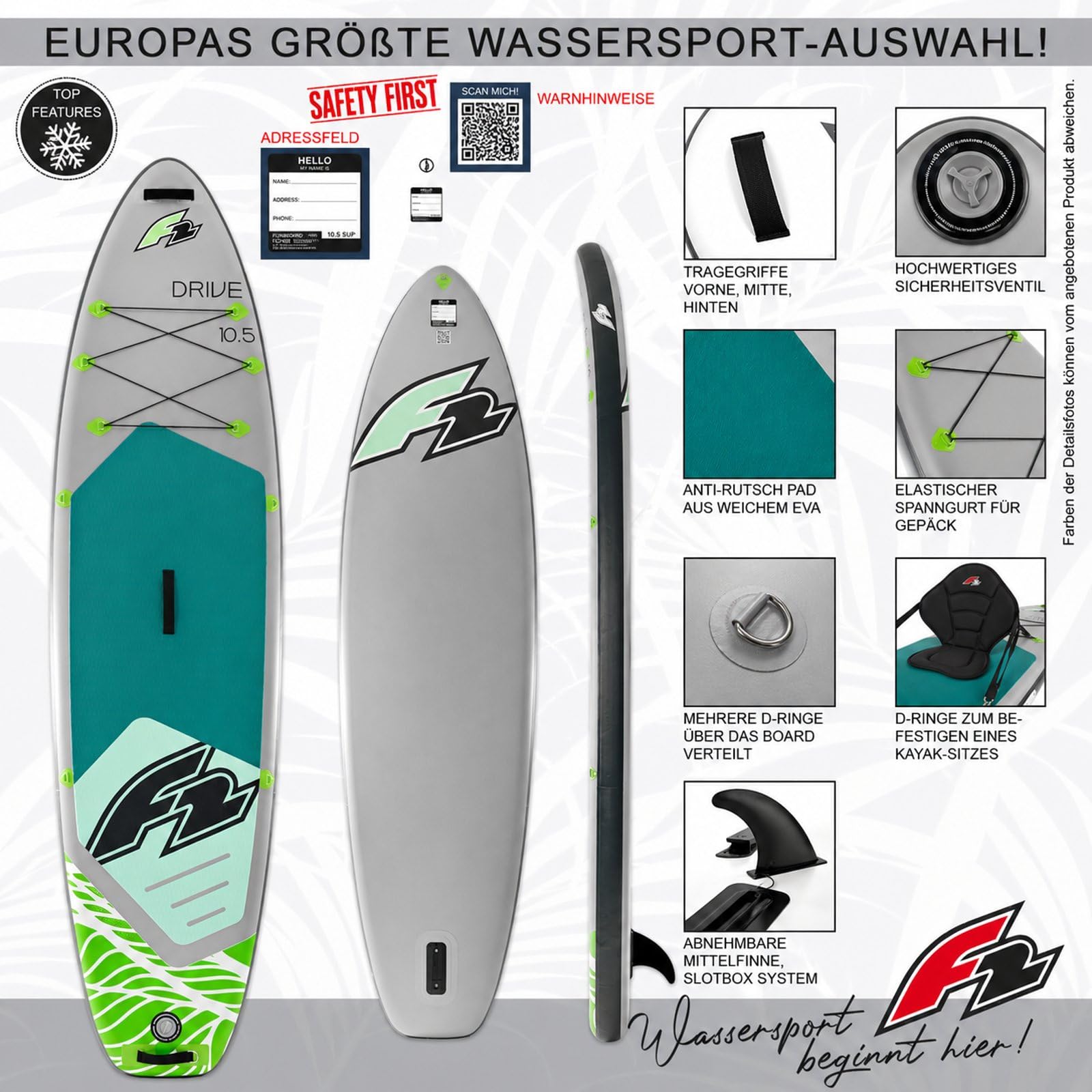 F2 SUP Stand Up Paddle Board Drive Grau - Größe wählbar