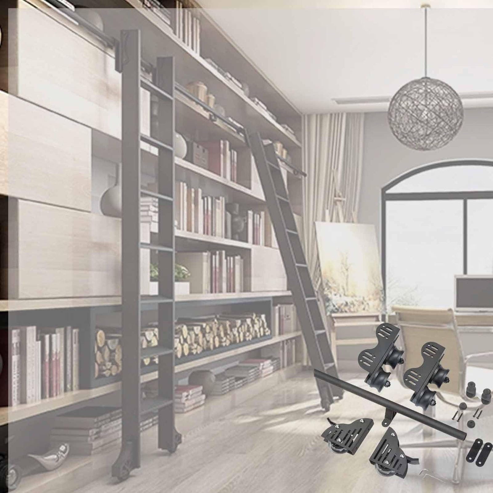 Zestaw osprzętu do przesuwnych drzwi stodołowych – drabina biblioteczna (bez drabiny), zestaw czarnej szyny przesuwnej, stalowa okrągła rura mobilna z kółkiem podłogowym (zestaw szyn 800 cm