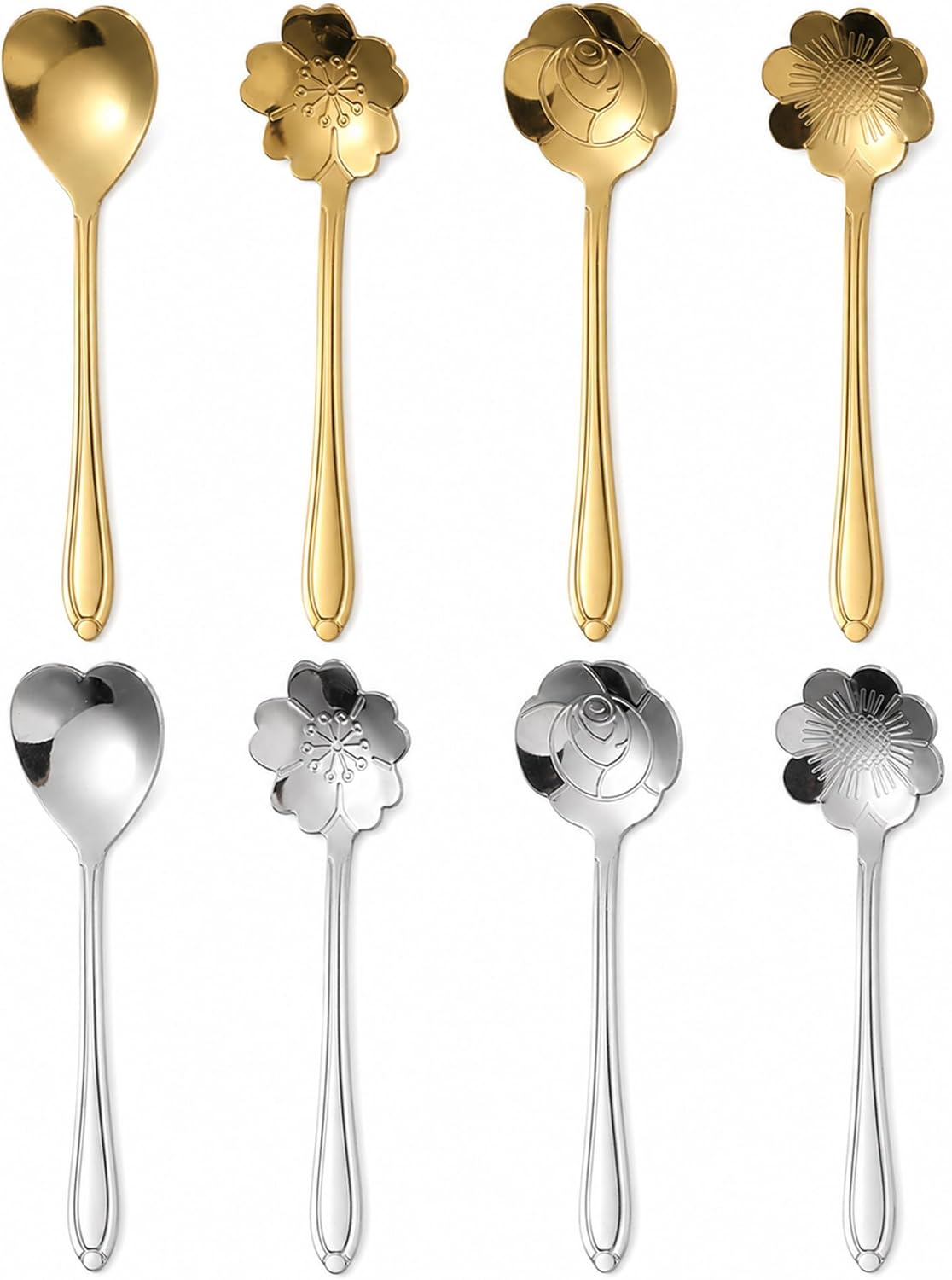 8PCS Flower Teaspoon Set, Gold & Silver Stainless Steel Mini Coffee Spoons