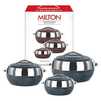 MILTON Fiesta Inner Stainless Steel Jr. Casserole Set of 3 (450ml, 830ml, 1370 ml) | PU Insulated Kitchen Hot Pot | Keeps Food Hot & Fresh for Roti, Biryani | Food Grade, Thermal Serving Bowl | Grey