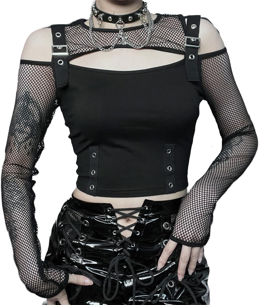 Goth Crop Top for Women Aesthetic Emo Shirts Casual Tops for Women Long Sleeve Punk