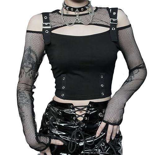 Goth Crop Top for Teen Girls Aesthetic Emo Shirts Casual Tops for Women Long Sleeve Punk - Medium - Black 21