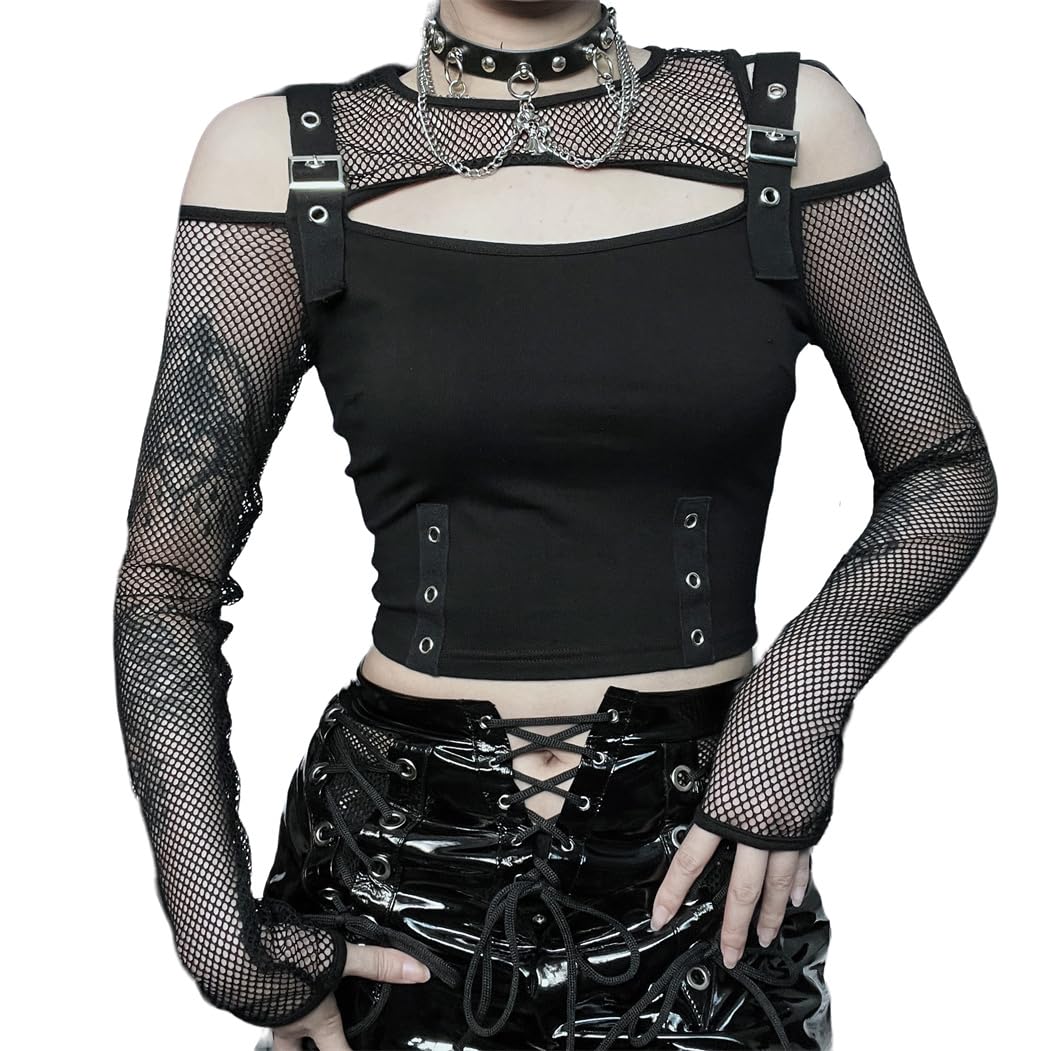 Goth Crop Top for Teen Girls Aesthetic Emo Shirts Casual Tops for Women Long Sleeve Punk