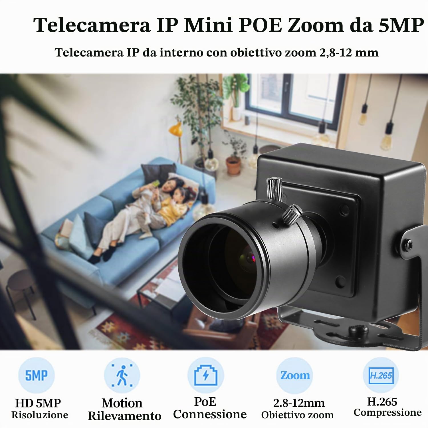 5MP Mini PoE IP Camera, Ultra HD 2880x1620P Zoom 2.8-12mm, Telecamera di rete Compatta per la Sicurezza Interna Della Casa, Vista Remota P2P Controllo Web RTSP (I712-P-TS-X)