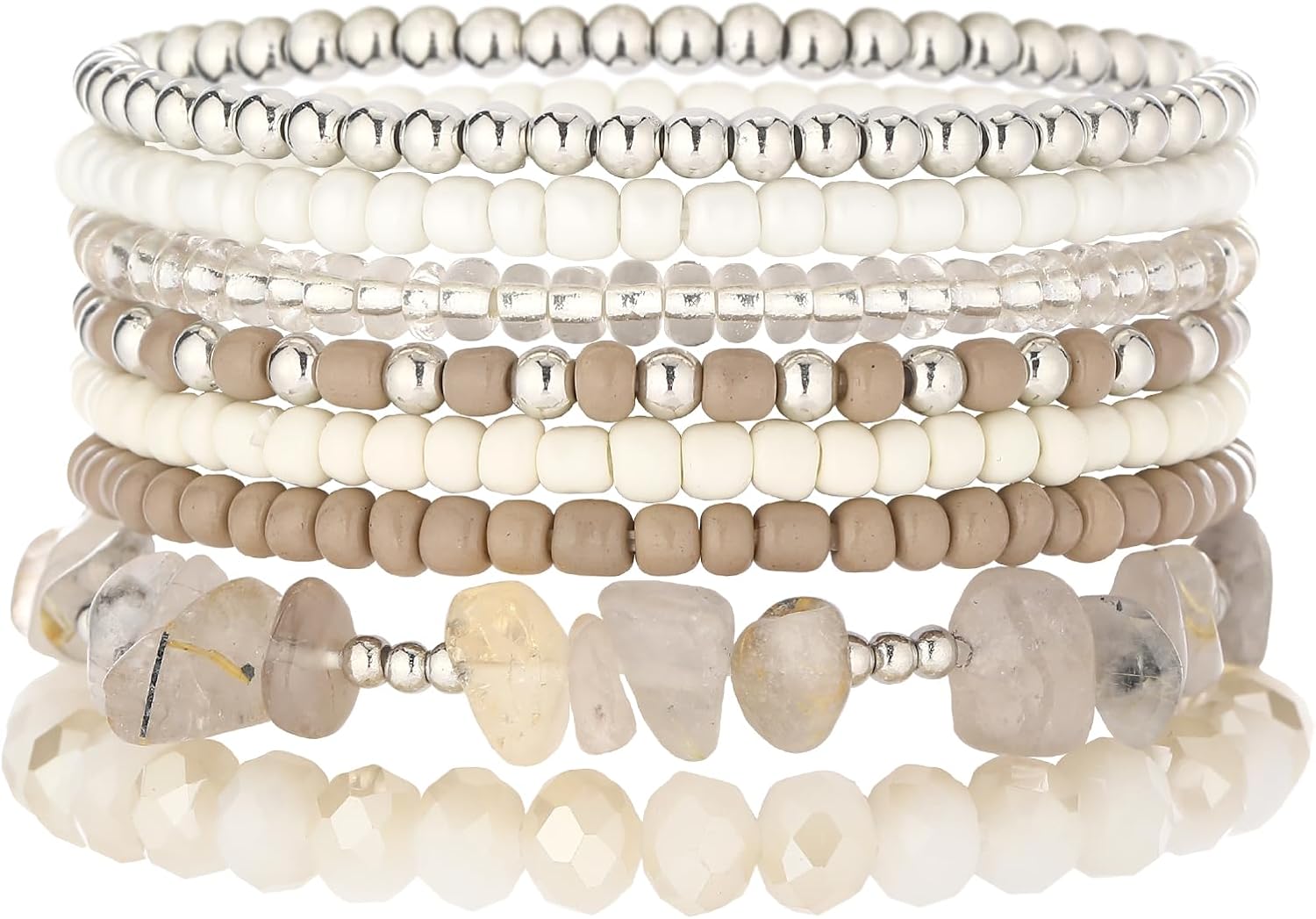 Noessla Boho Beaded Bracelets for Women Stackable Irregular Natural Stone Bead Stretch Bracelet Set 8PCS Costume Jewelry Gifts for Her