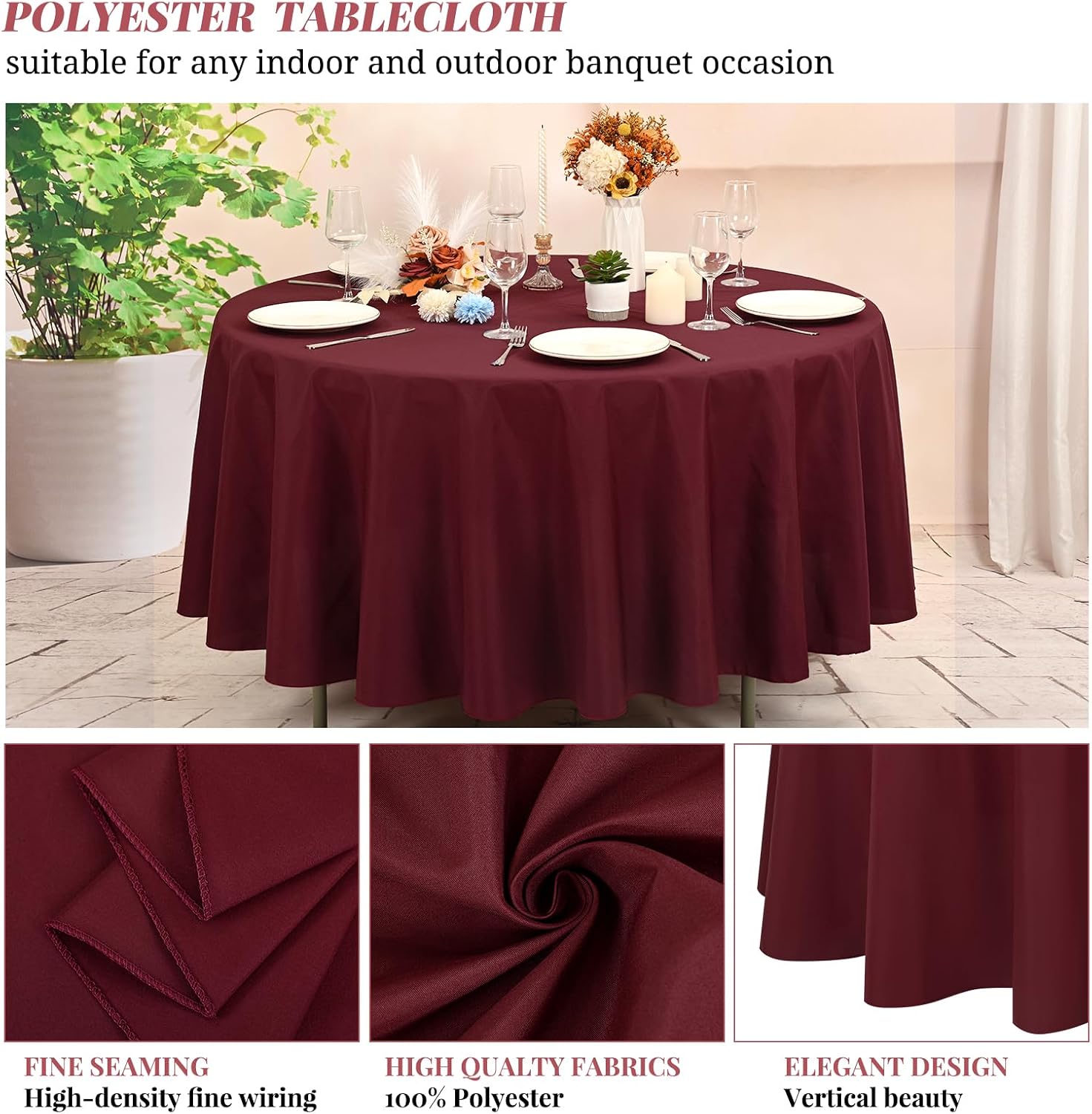 10 Pack Burgundy Round Tablecloths,90 Inch Polyester Table Cloth image 3