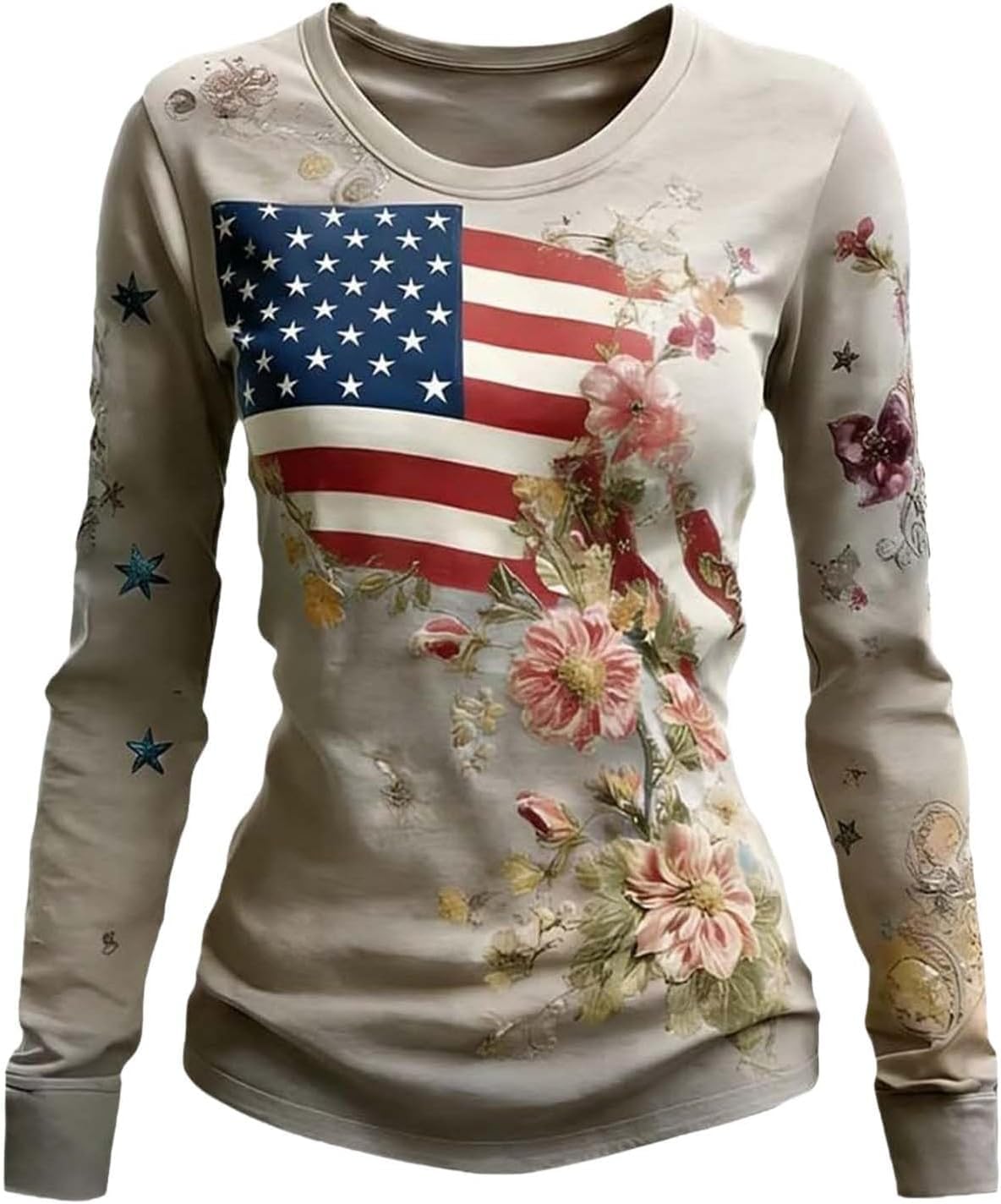 Women's American Flag Shirt, 4Th of July T-Shirts, Long Sleeve Crewneck Patriotic Blouse, S-3XL