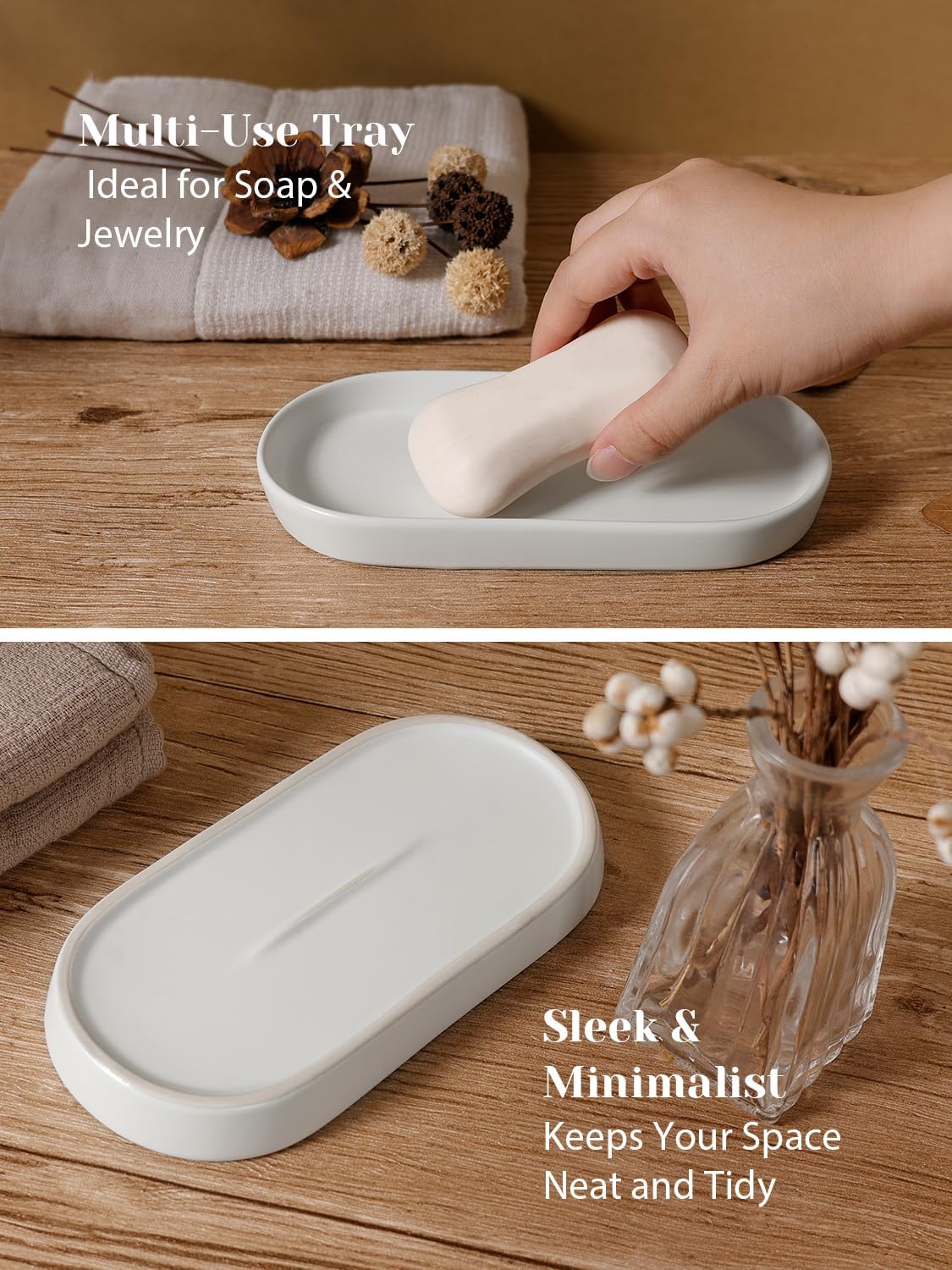 INGOFIN 3 Pcs Ceramic Bathroom Accessory Set - Liquid Soap Dispenser, Toothbrush Holder & Tray, Bathroom Counter Set, Countertop Essentials for Home, Guest Bathroom, or Office Use, White