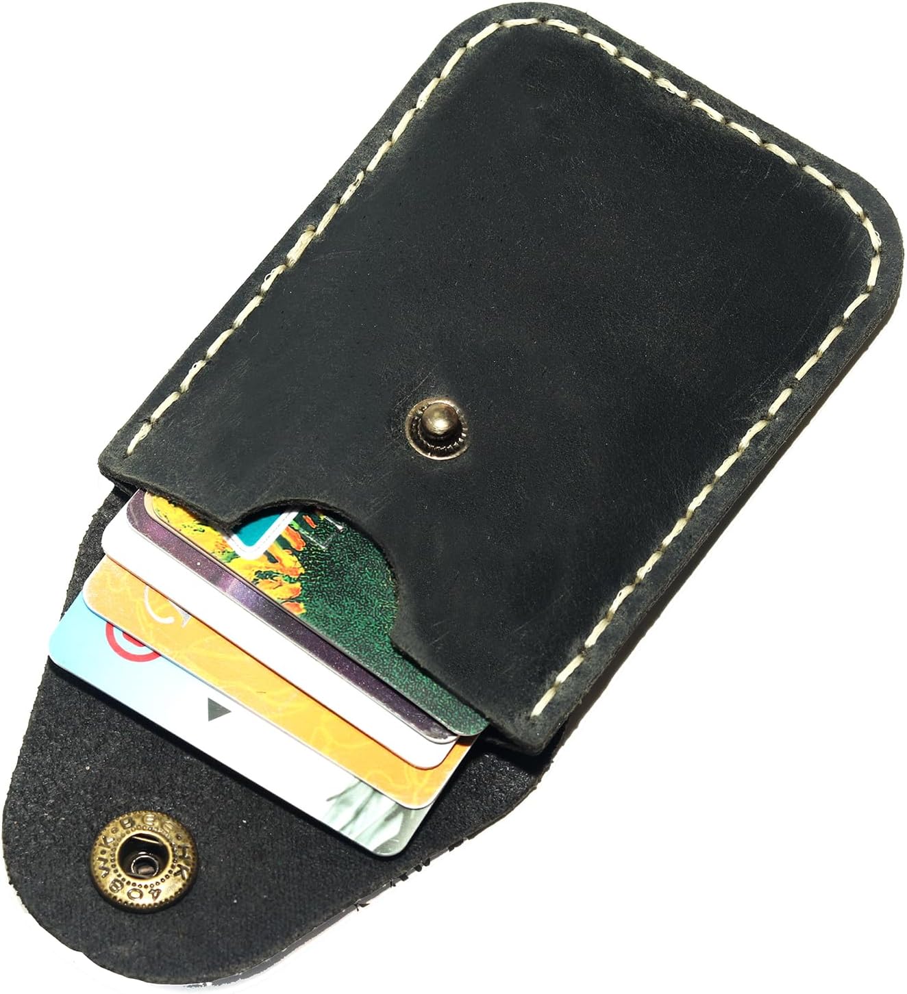 Leather Card Holder Wallet with Snap Closure, Slim Design, Brown - Image 2