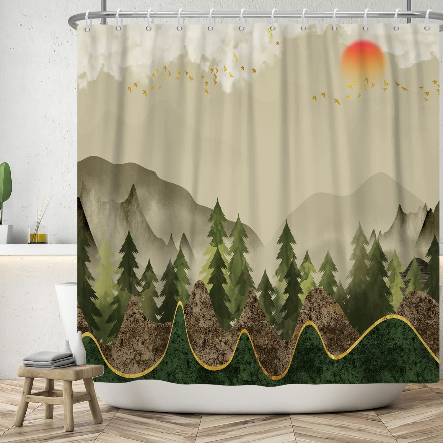 ASDCXZ Forest Shower Curtain 180x200 cm, Art Landscape Painting Green Jungle Sun Mountains Gold Bird Bath Washable Shower Curtains Polyester Textile Waterproof Bath Curtain for Bathtub with 12 Hooks โ image 1
