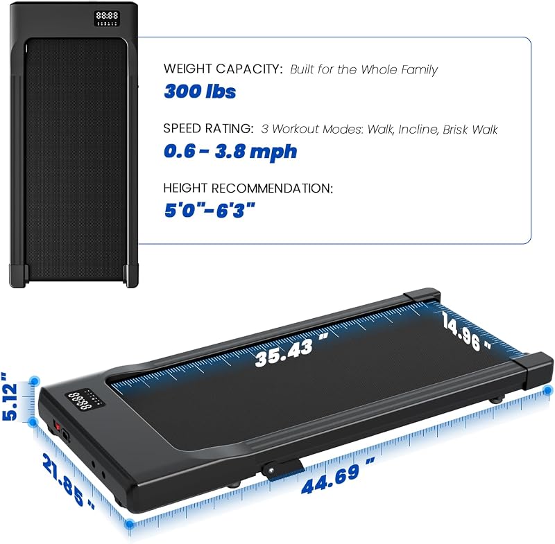 DeerRun Under Desk Walking Pad Treadmill for Home & Office, 6% Manual Incline, 2.5 HP, 0.6–3.8 MPH Walking Speed, 300 lb Capacity, App & Remote Control image 2