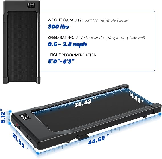 DeerRun Under Desk Walking Pad Treadmill for Home & Office, 6% Manual Incline, 2.5 HP, 0.63.8 MPH Walking Speed, 300 lb Capacity, App & Remote Control
