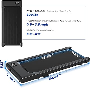 DeerRun Under Desk Walking Pad Treadmill for Home & Office, 6% Manual Incline, 2.5 HP, 0.63.8 MPH Walking Speed, 300 lb Capacity, App & Remote Control